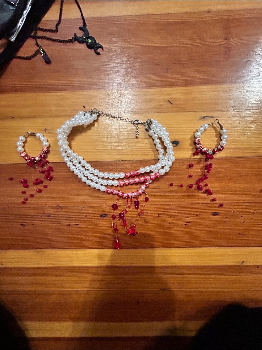 Elegant Pearl and Blood Drip Red Necklace & Earring Set - Women Jewelry